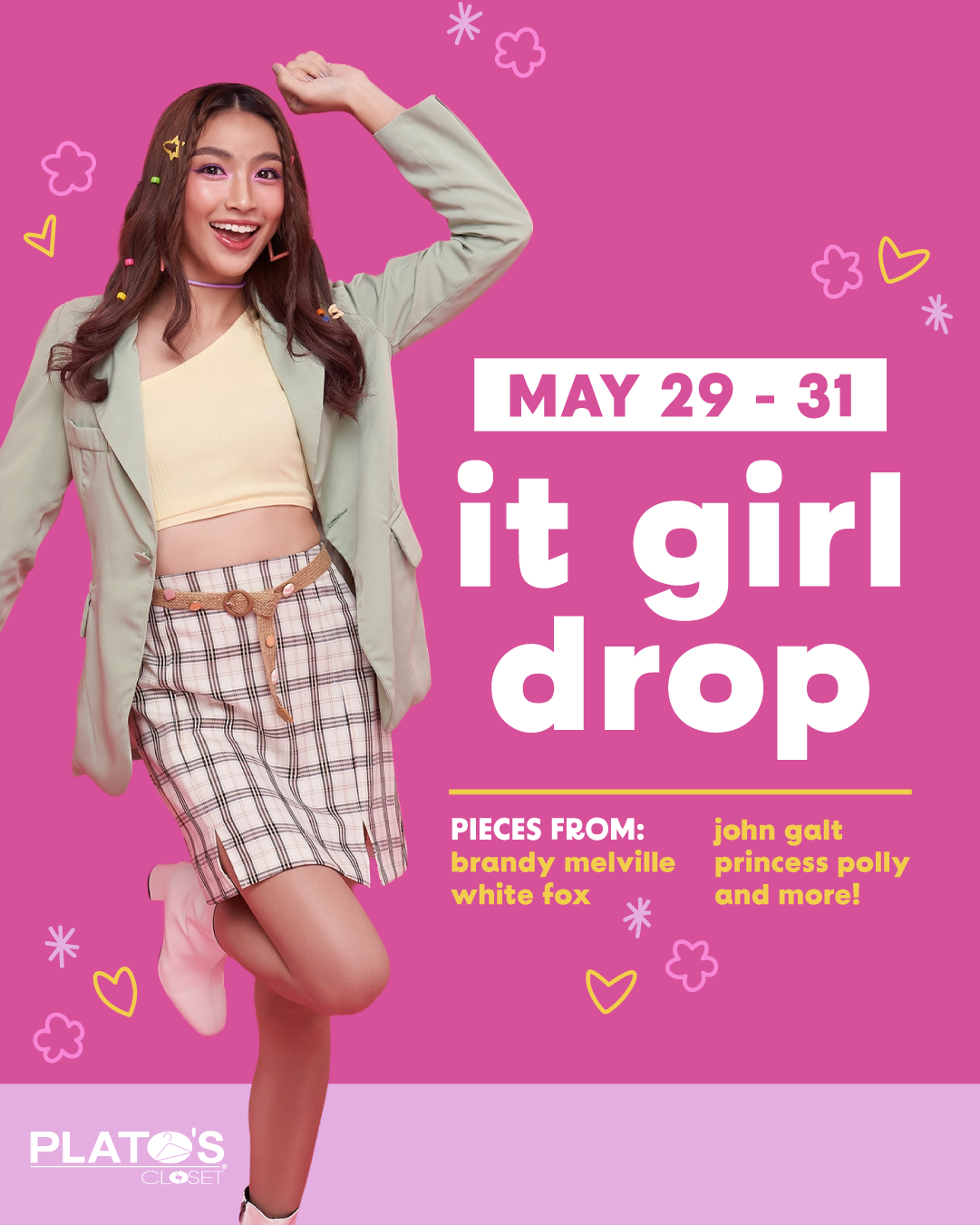 a girl wearing a plaid skirt with accessories in her hair, posing and laughing against a pink background